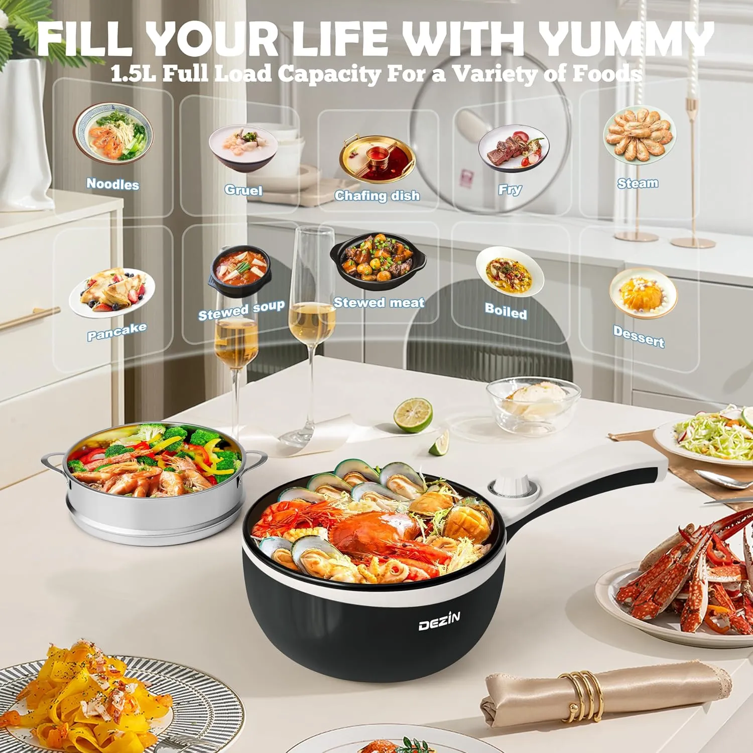 DEZIN Hot Pot Electric Upgraded, Non-Stick Sauté Pan, Rapid Noodles Electric Pot, 1.5L Mini Portable Hot Pot for Steak, Egg, Fried Rice, Ramen, Oatmeal, Soup with Power Adjustment