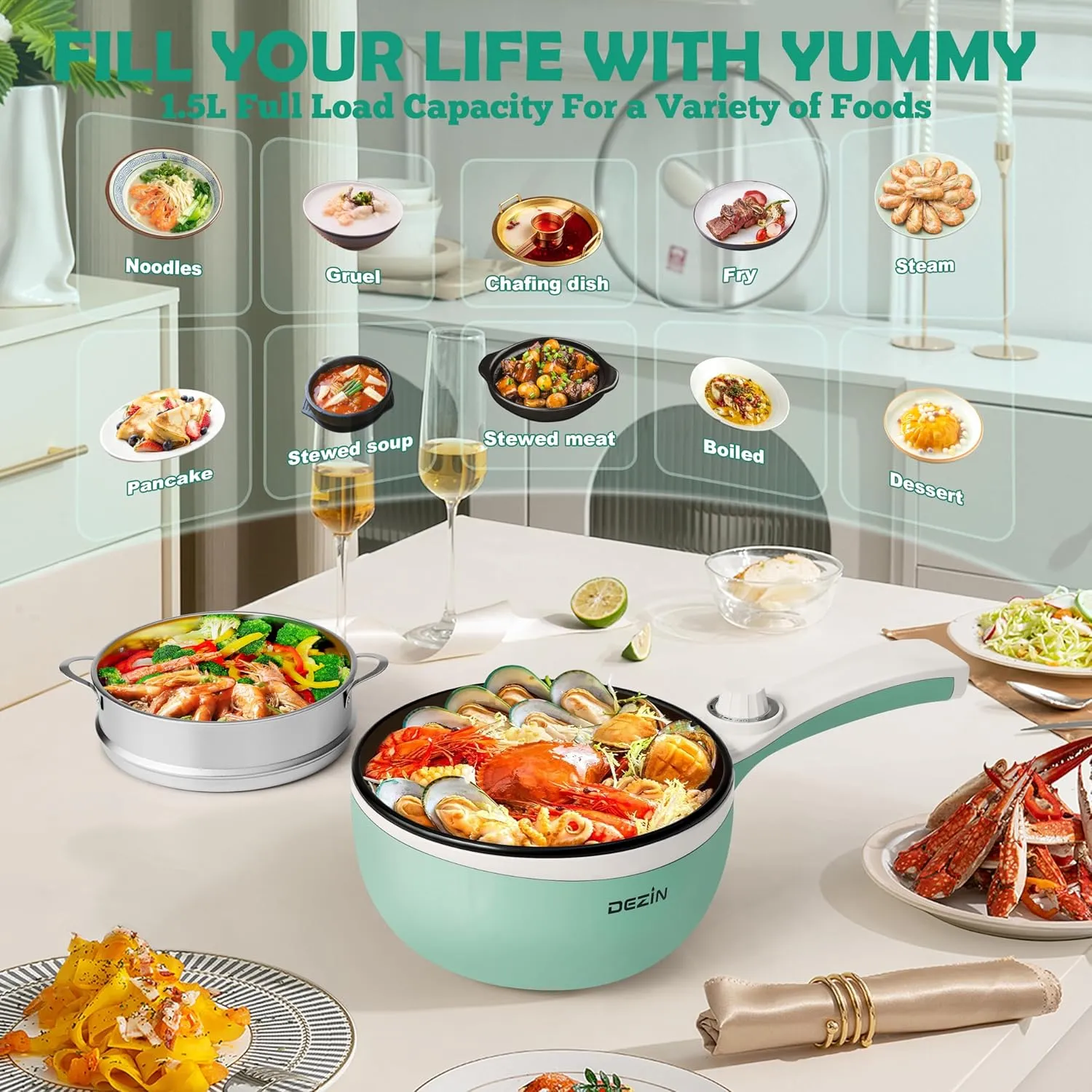Dezin Hot Pot Electric Upgraded, Non-Stick Sauté Pan, Rapid Noodles Electric Pot, 1.5L Mini Portable Hot Pot for Steak, Egg, Fried Rice, Ramen, Oatmeal, Soup with Power Adjustment