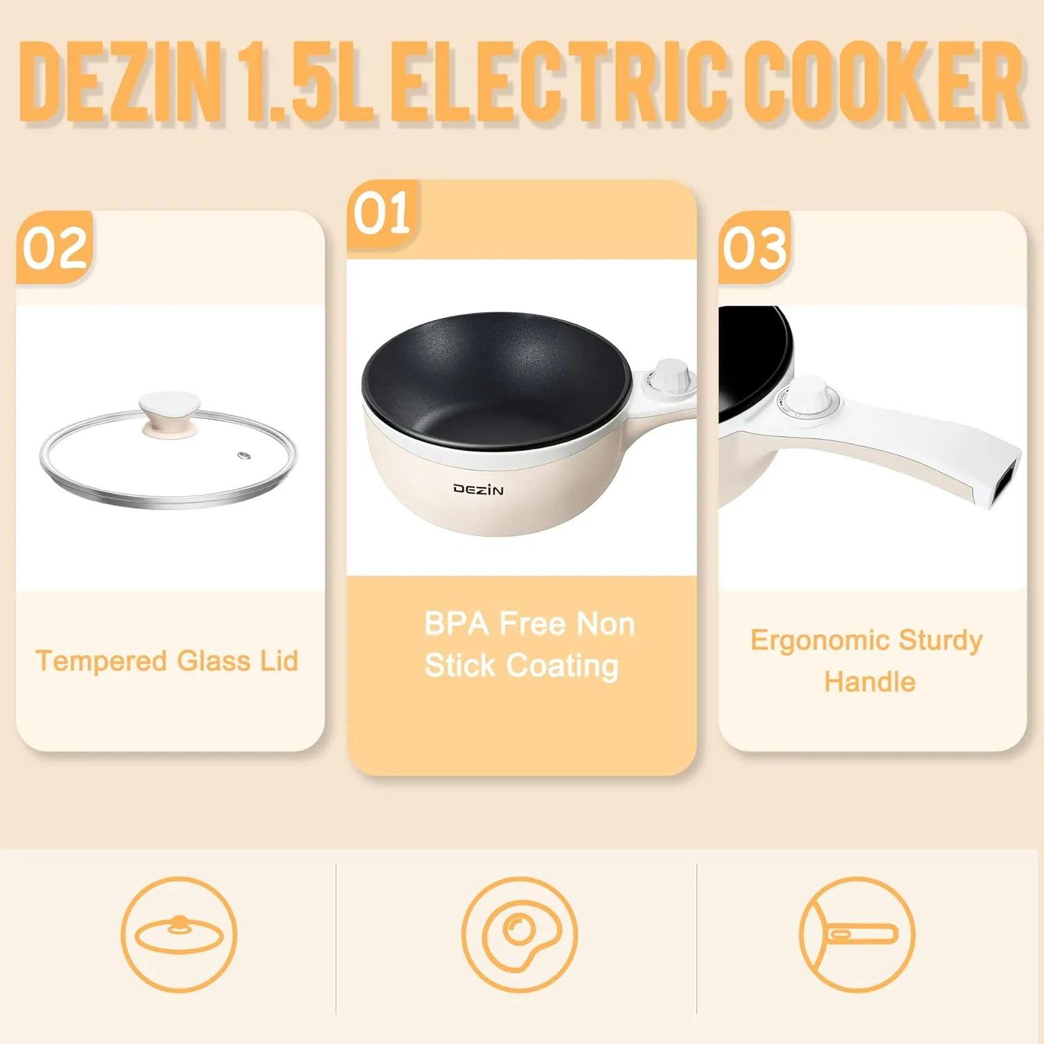 Dezin Hot Pot Electric Upgraded, Non-Stick Sauté Pan, Rapid Noodles Electric Pot, 1.5L Mini Portable Hot Pot for Steak, Egg, Fried Rice, Ramen, Oatmeal, Soup with Power Adjustment