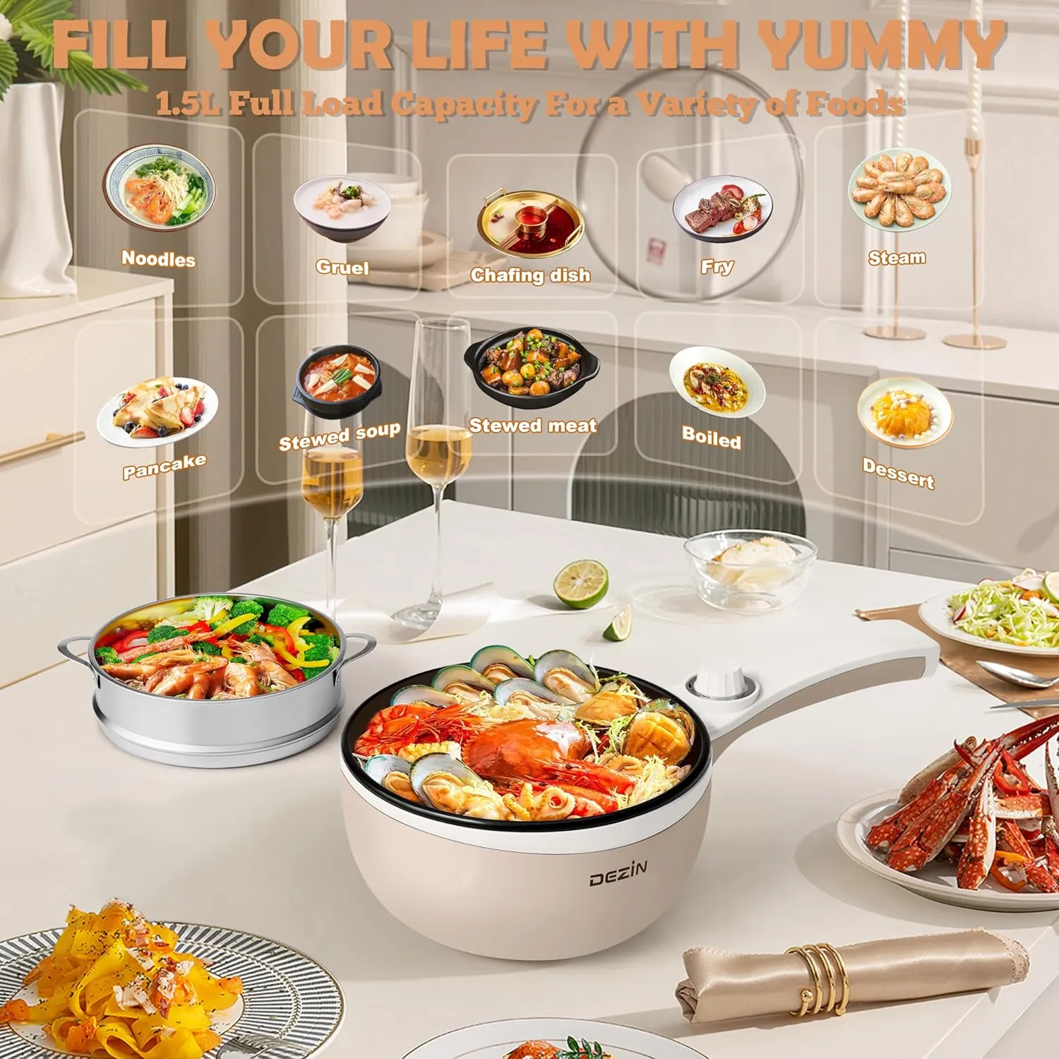 Dezin Hot Pot Electric Upgraded, Non-Stick Sauté Pan, Rapid Noodles Electric Pot, 1.5L Mini Portable Hot Pot for Steak, Egg, Fried Rice, Ramen, Oatmeal, Soup with Power Adjustment