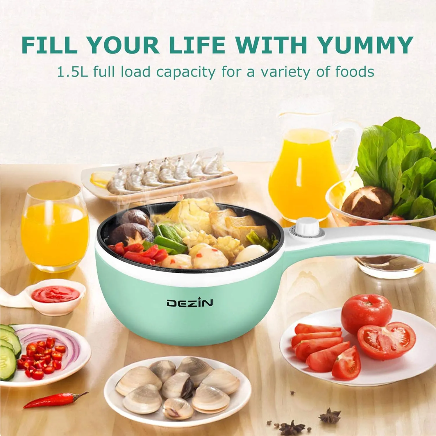 Dezin Hot Pot Electric Upgraded, Non-Stick Sauté Pan, Rapid Noodles Electric Pot, 1.5L Mini Portable Hot Pot for Steak, Egg, Fried Rice, Ramen, Oatmeal, Soup with Power Adjustment