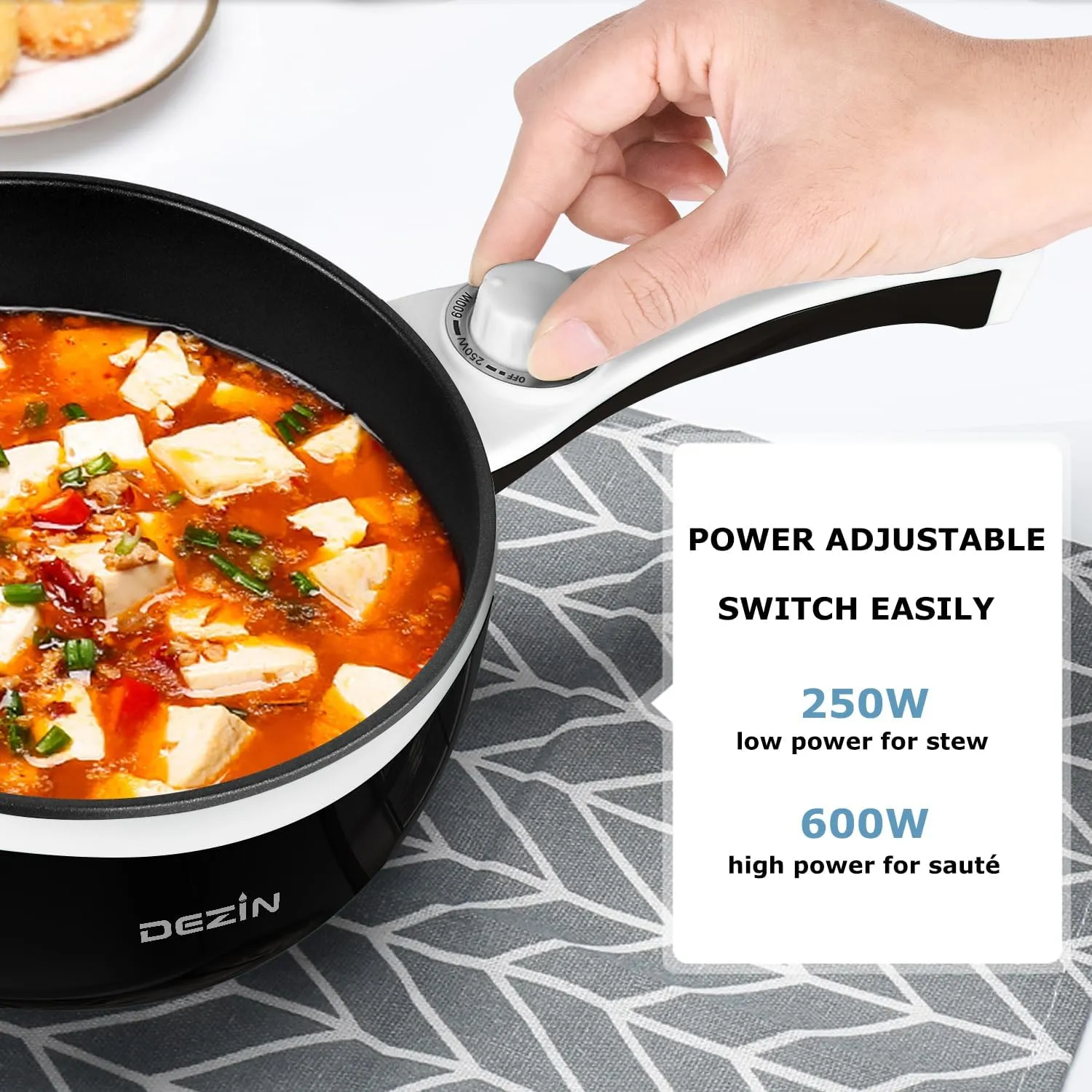 DEZIN Hot Pot Electric Upgraded, Non-Stick Sauté Pan, Rapid Noodles Electric Pot, 1.5L Mini Portable Hot Pot for Steak, Egg, Fried Rice, Ramen, Oatmeal, Soup with Power Adjustment