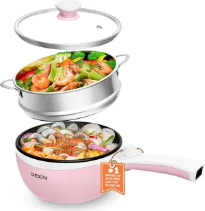 Dezin Hot Pot Electric with Steamer Upgraded, Non-Stick Sauté Pan, Rapid Noodles Electric Pot, 1.5L Mini Pot for Steak, Egg, Fried Rice, Ramen, Oatmeal, Soup with Power Adjustment