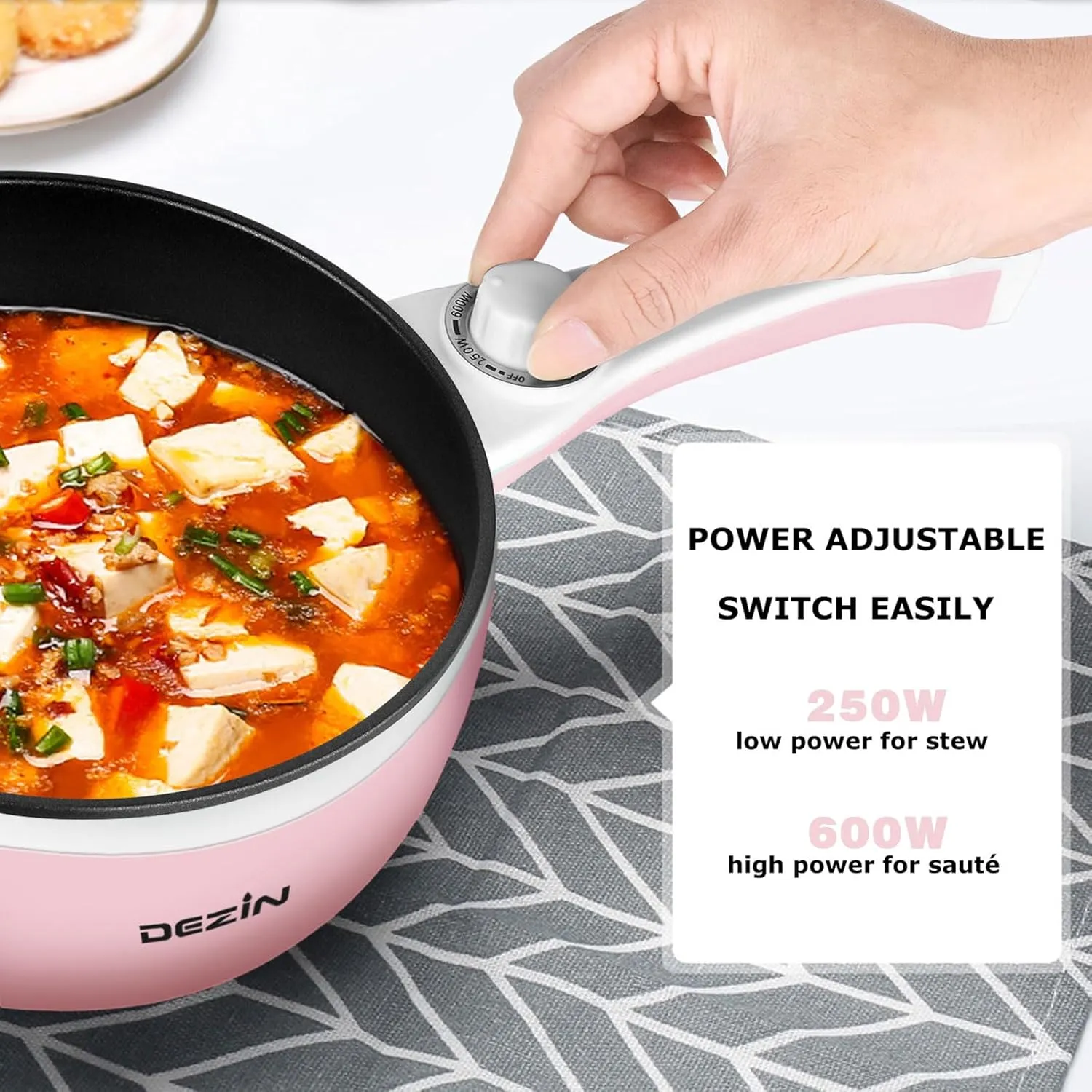 Dezin Hot Pot Electric with Steamer Upgraded, Non-Stick Sauté Pan, Rapid Noodles Electric Pot, 1.5L Mini Pot for Steak, Egg, Fried Rice, Ramen, Oatmeal, Soup with Power Adjustment