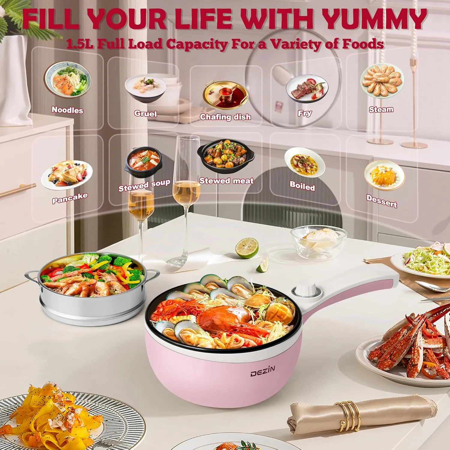 Dezin Hot Pot Electric with Steamer Upgraded, Non-Stick Sauté Pan, Rapid Noodles Electric Pot, 1.5L Mini Pot for Steak, Egg, Fried Rice, Ramen, Oatmeal, Soup with Power Adjustment
