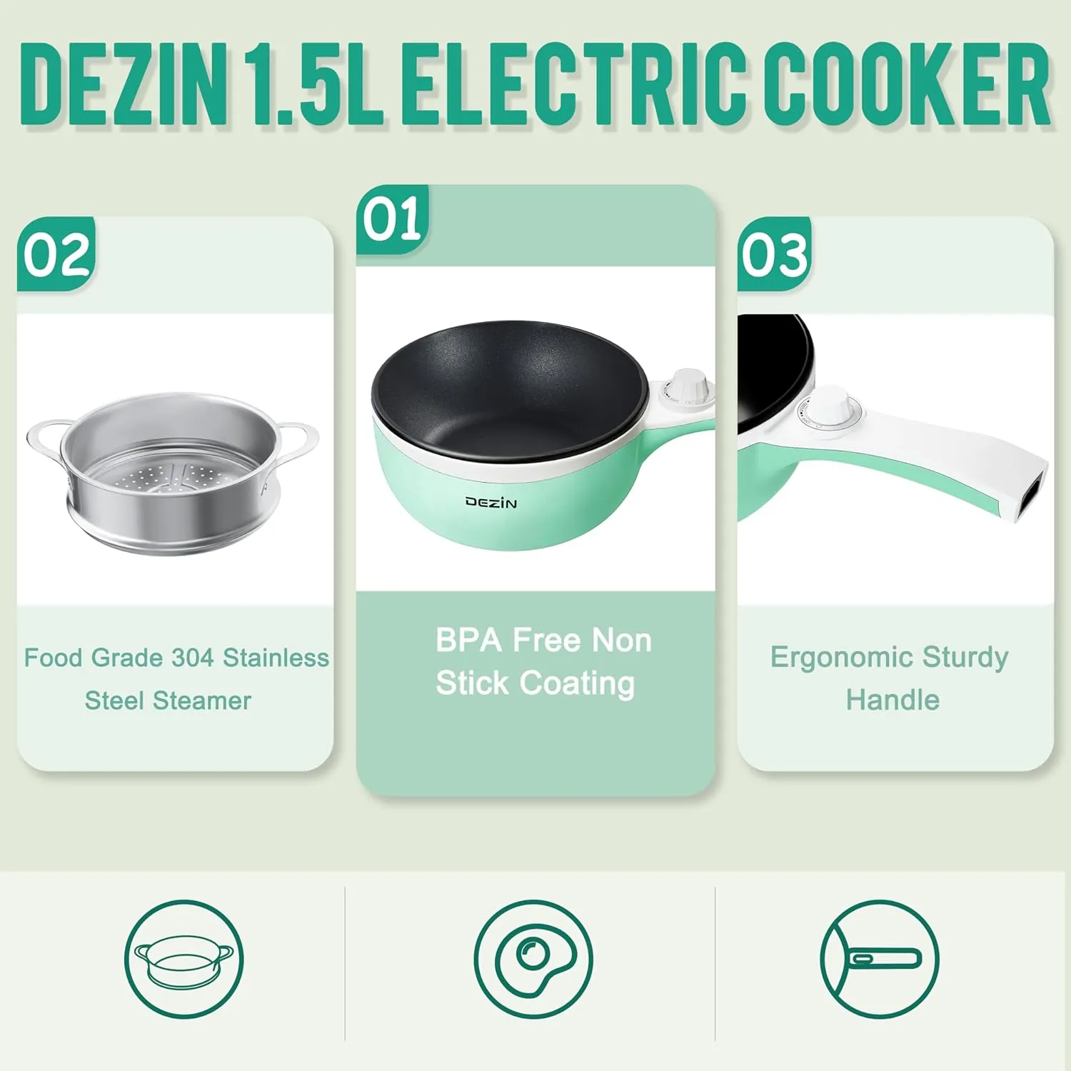 Dezin Hot Pot Electric with Steamer Upgraded, Non-Stick Sauté Pan, Rapid Noodles Electric Pot, 1.5L Mini Pot for Steak, Egg, Fried Rice, Ramen, Oatmeal, Soup with Power Adjustment