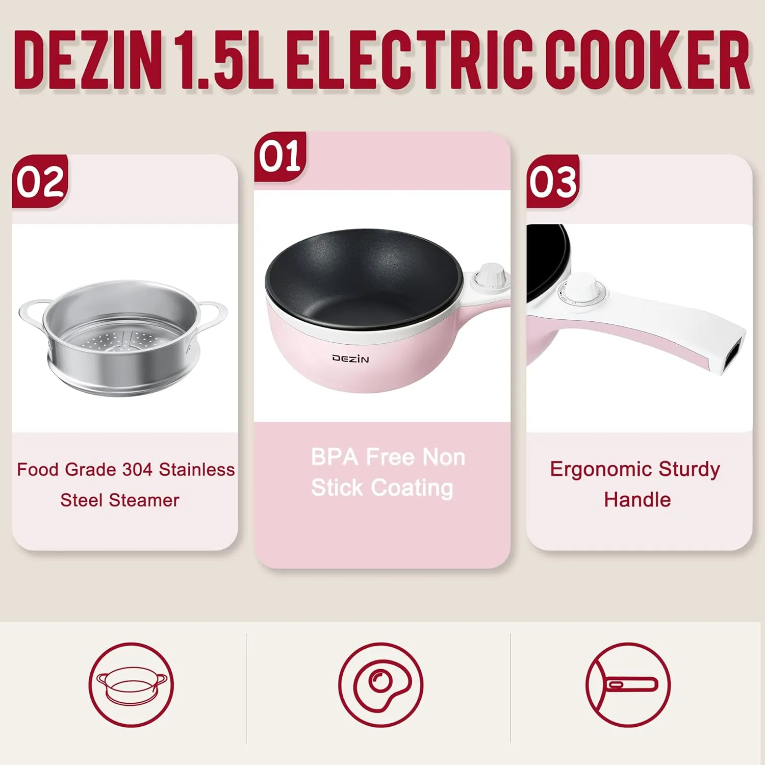 Dezin Hot Pot Electric with Steamer Upgraded, Non-Stick Sauté Pan, Rapid Noodles Electric Pot, 1.5L Mini Pot for Steak, Egg, Fried Rice, Ramen, Oatmeal, Soup with Power Adjustment