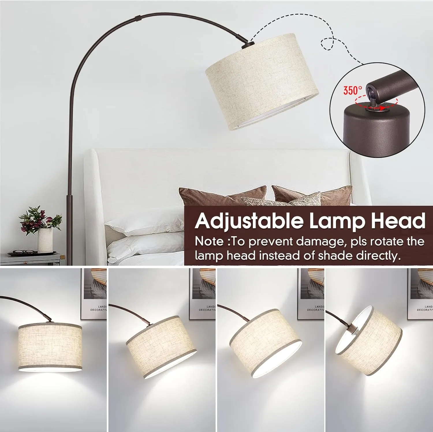 Dimmable Arc Floor Lamp, Floor Lamps for Bedroom, Farmhouse Standing Lamp with Adjustable Hanging Shade, Brown Tall Pole Lamp, Mid Century Floor Lamp for Living Room, Over Couch, 9W LED Bulb Included