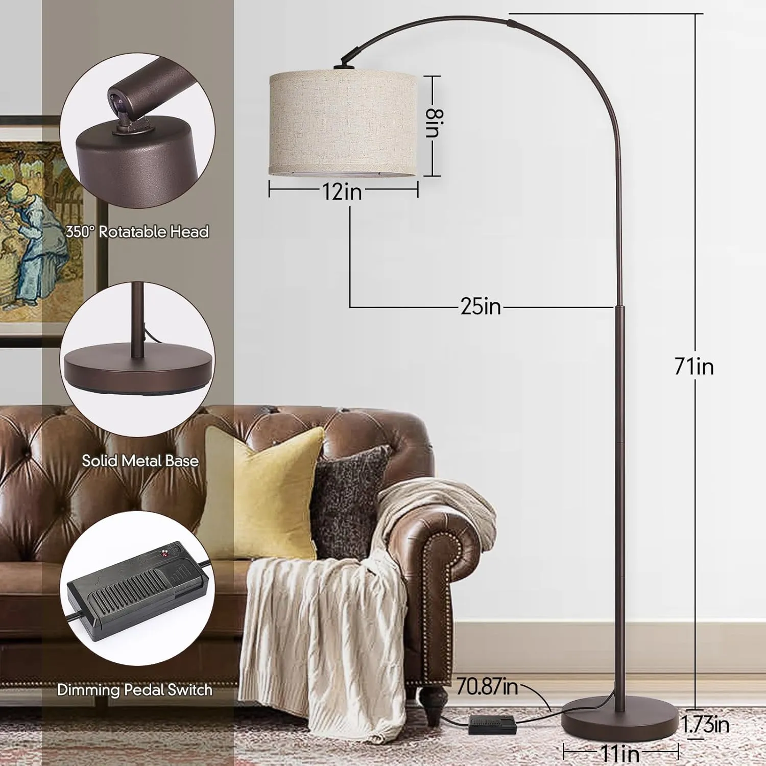 Dimmable Arc Floor Lamp, Floor Lamps for Bedroom, Farmhouse Standing Lamp with Adjustable Hanging Shade, Brown Tall Pole Lamp, Mid Century Floor Lamp for Living Room, Over Couch, 9W LED Bulb Included