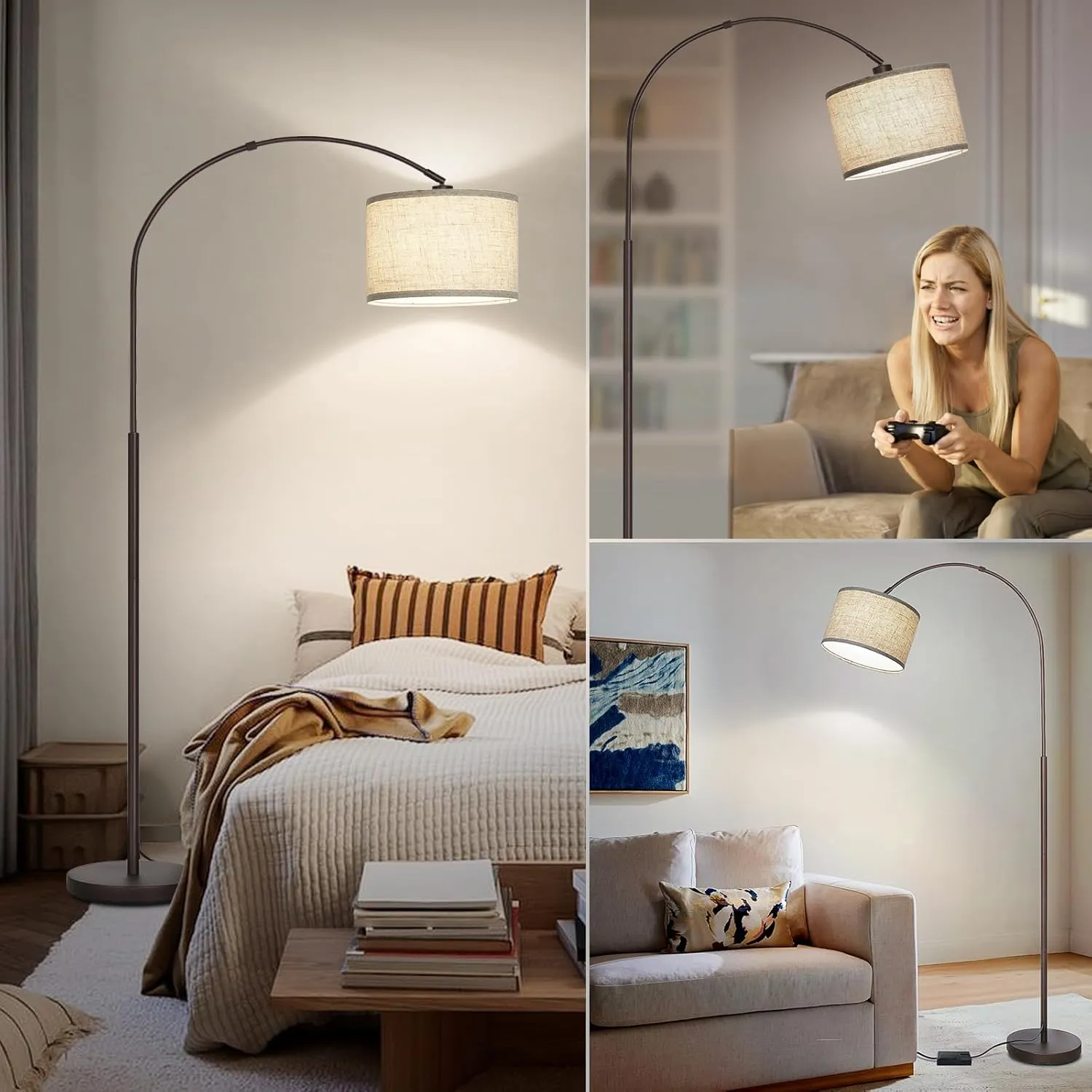 Dimmable Arc Floor Lamp, Floor Lamps for Bedroom, Farmhouse Standing Lamp with Adjustable Hanging Shade, Brown Tall Pole Lamp, Mid Century Floor Lamp for Living Room, Over Couch, 9W LED Bulb Included
