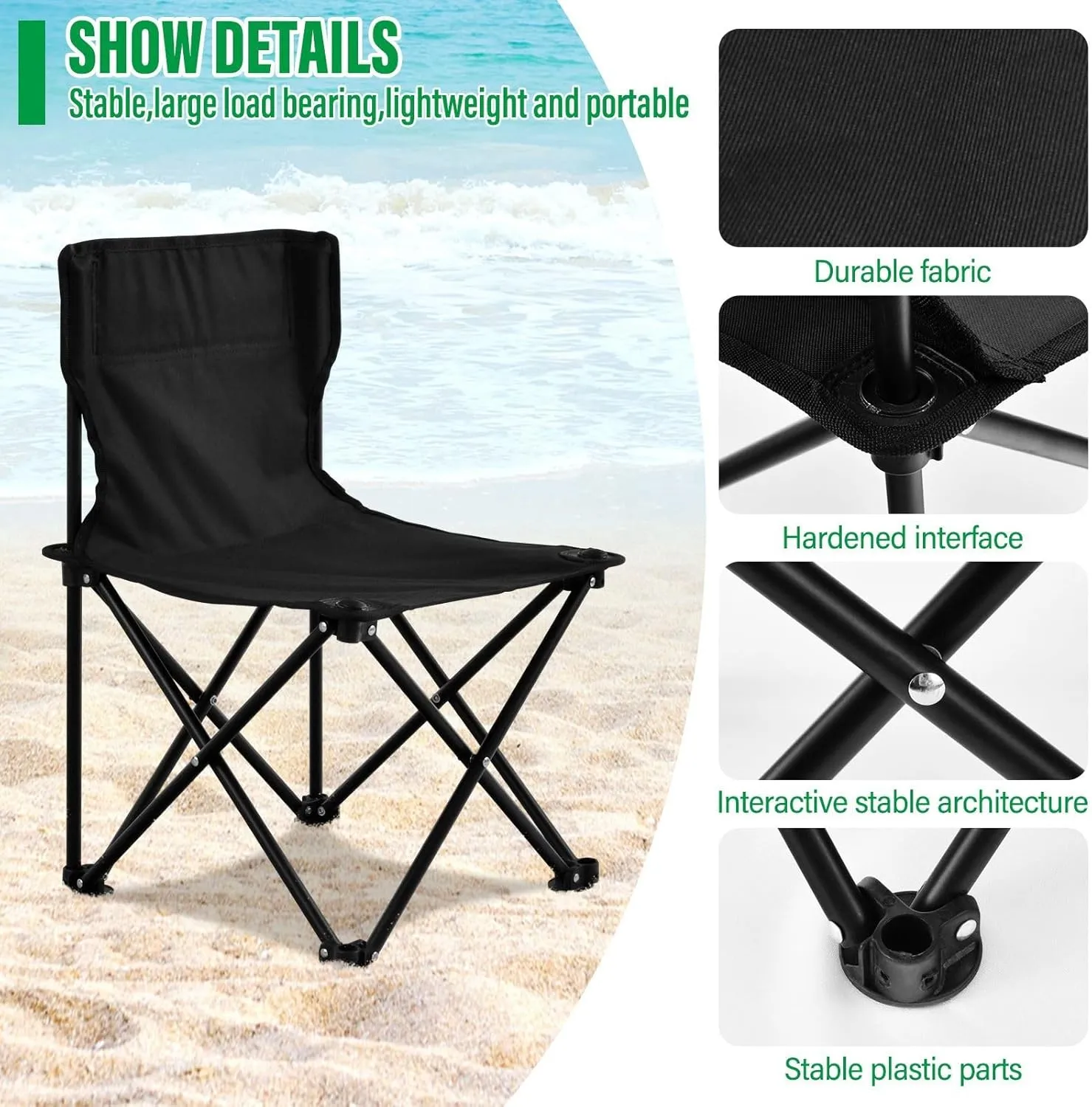 DOMIKING Black Kids' Portable Camping Chairs for Outdoor Lawn Chair with Carry Bag Folding Chair for Camping Hiking Travel