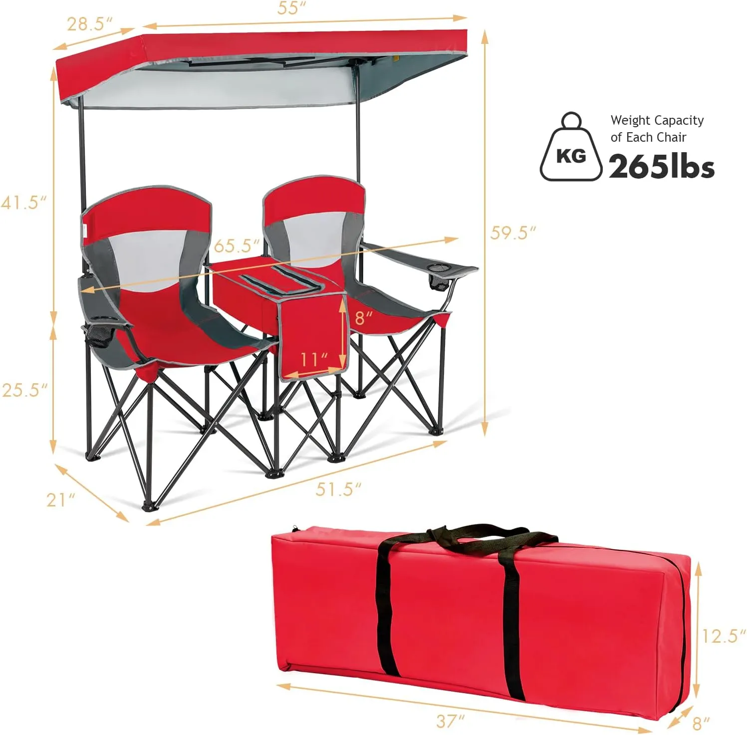 DORTALA Double Camping Chair with Canopy, 2 Person Folding Beach Chair with Canopy Shade, Table Beverage Holder and Storage Bag, Double Rocker Chair Outdoor for Camping, Beach, Picnic, Red