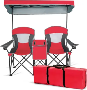 DORTALA Double Camping Chair with Canopy, 2 Person Folding Beach Chair with Canopy Shade, Table Beverage Holder and Storage Bag, Double Rocker Chair Outdoor for Camping, Beach, Picnic, Red