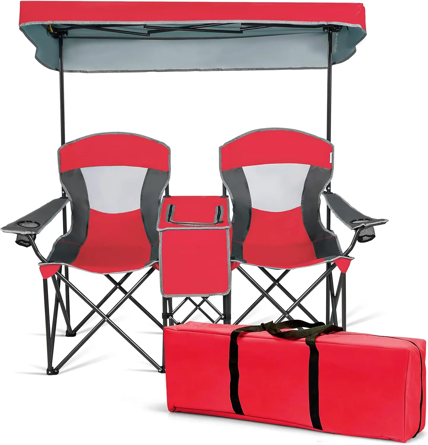 DORTALA Double Camping Chair with Canopy, 2 Person Folding Beach Chair with Canopy Shade, Table Beverage Holder and Storage Bag, Double Rocker Chair Outdoor for Camping, Beach, Picnic, Red
