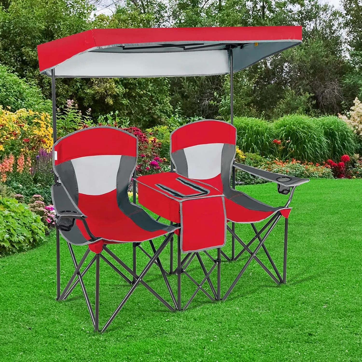 DORTALA Double Camping Chair with Canopy, 2 Person Folding Beach Chair with Canopy Shade, Table Beverage Holder and Storage Bag, Double Rocker Chair Outdoor for Camping, Beach, Picnic, Red