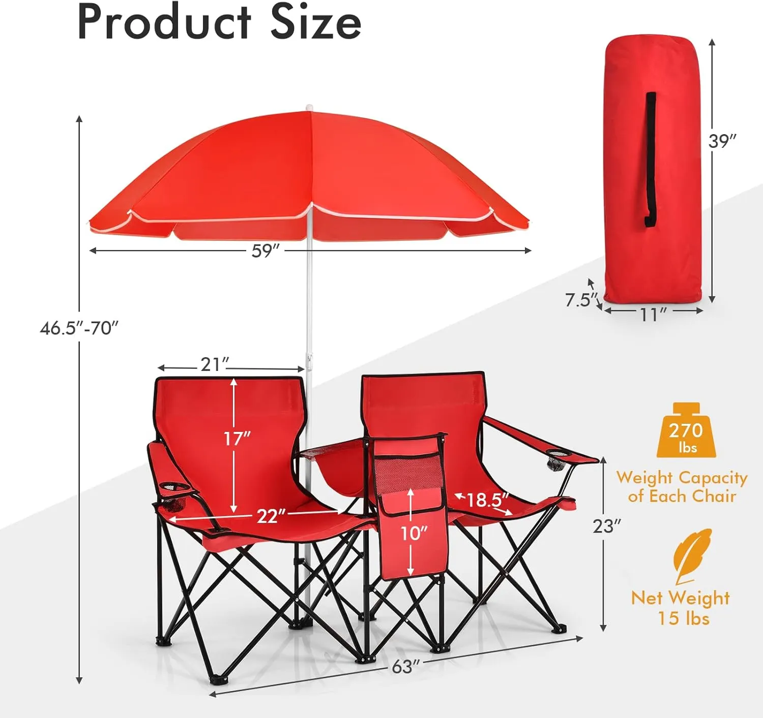 Double Camping Chair, 2-Person Portable Beach Chair w/Removable Umbrella, Cup Holders & Carrying Bag, Folding Loveseat Chairs for Adults Outdoor Picnic (Red)