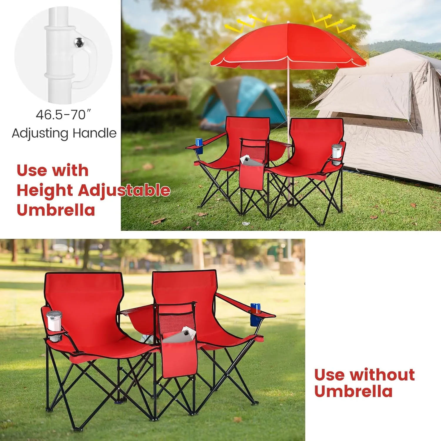 Double Camping Chair, 2-Person Portable Beach Chair w/Removable Umbrella, Cup Holders & Carrying Bag, Folding Loveseat Chairs for Adults Outdoor Picnic (Red)