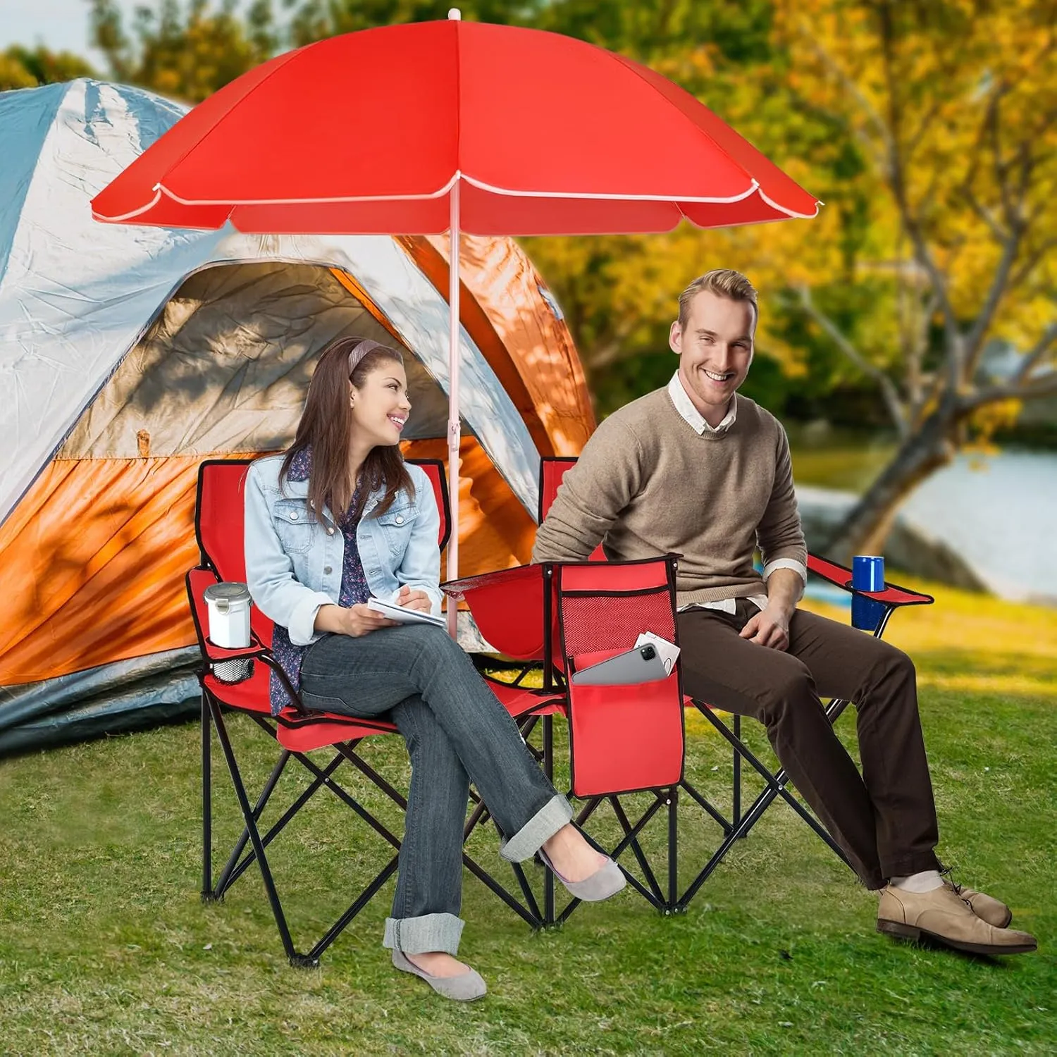 Double Camping Chair, 2-Person Portable Beach Chair w/Removable Umbrella, Cup Holders & Carrying Bag, Folding Loveseat Chairs for Adults Outdoor Picnic (Red)
