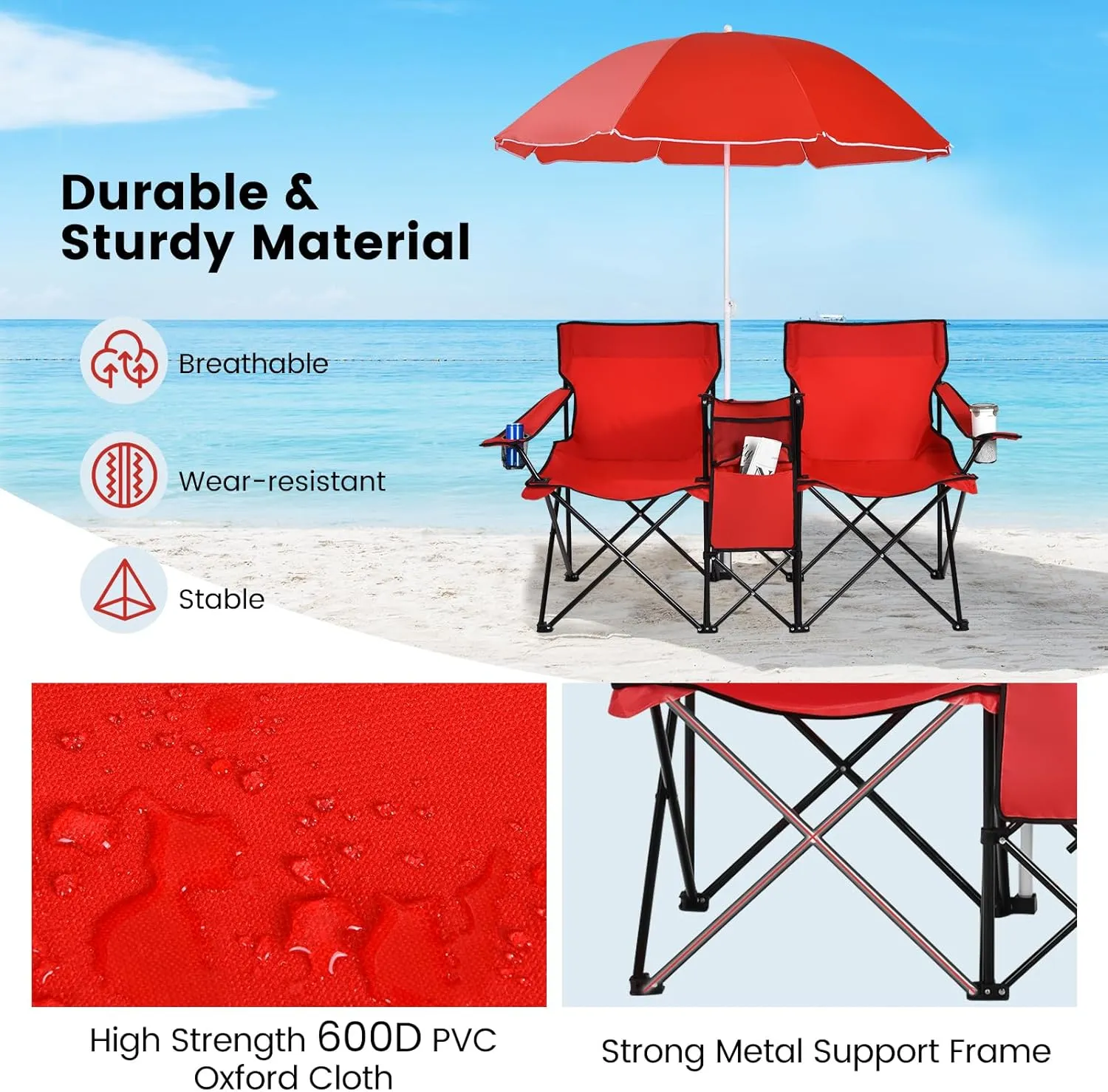 Double Camping Chair, 2-Person Portable Beach Chair w/Removable Umbrella, Cup Holders & Carrying Bag, Folding Loveseat Chairs for Adults Outdoor Picnic (Red)