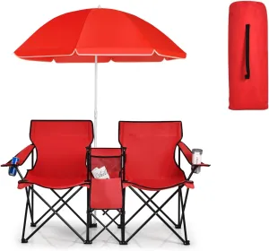 Double Camping Chair, 2-Person Portable Beach Chair w/Removable Umbrella, Cup Holders & Carrying Bag, Folding Loveseat Chairs for Adults Outdoor Picnic (Red)