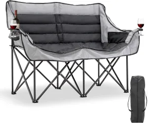 Double Camping Chair for Adults Folding Loveseat, 2-Person Folding Camp Chairs for Outdoor Sports, Patio Lounge Chairs Folding Lawn Chair Double Chair for Camping Lounge Patio, Black-gray