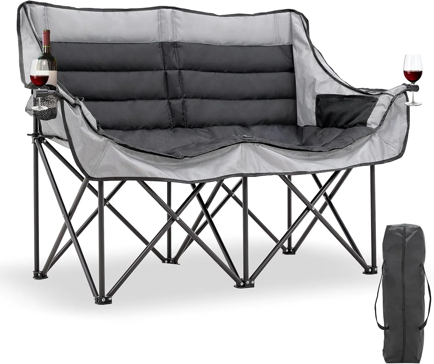 Double Camping Chair for Adults Folding Loveseat, 2-Person Folding Camp Chairs for Outdoor Sports, Patio Lounge Chairs Folding Lawn Chair Double Chair for Camping Lounge Patio, Black-gray