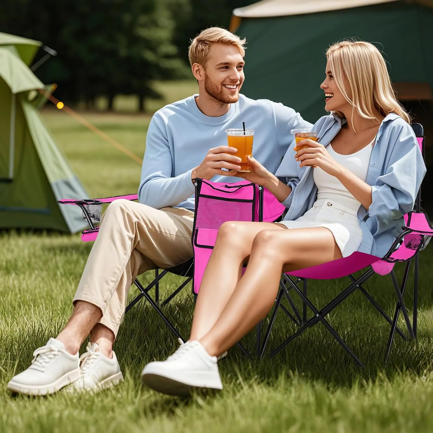 Double Camping Chair with Canopy, Folding Camp Chairs w/Cup Holder, Cooler & Carry Bag, Table, Side Pocket, 2 Person Portable Beach Chair with Umbrella, for Picnic Fishing (Pink)