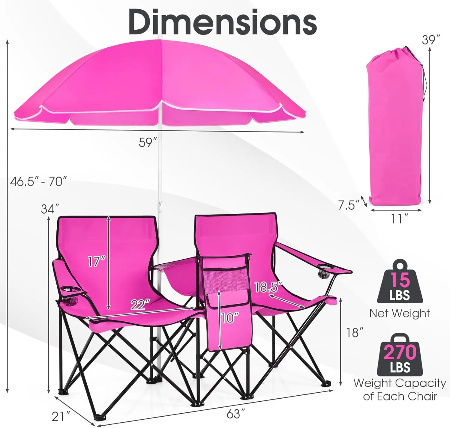 Double Camping Chair with Canopy, Folding Camp Chairs w/Cup Holder, Cooler & Carry Bag, Table, Side Pocket, 2 Person Portable Beach Chair with Umbrella, for Picnic Fishing (Pink)