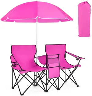 Double Camping Chair with Canopy, Folding Camp Chairs w/Cup Holder, Cooler & Carry Bag, Table, Side Pocket, 2 Person Portable Beach Chair with Umbrella, for Picnic Fishing (Pink)