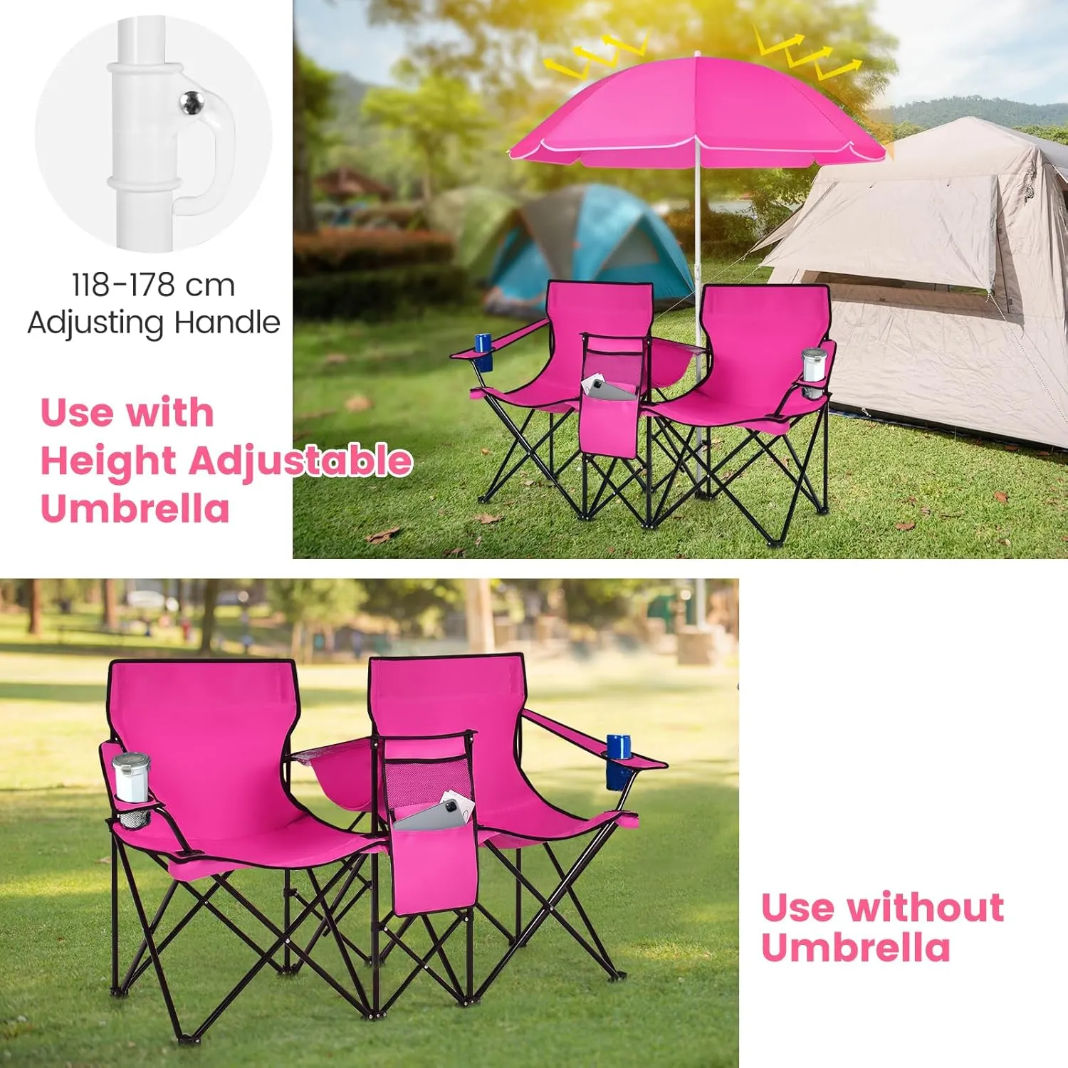 Double Camping Chair with Canopy, Folding Camp Chairs w/Cup Holder, Cooler & Carry Bag, Table, Side Pocket, 2 Person Portable Beach Chair with Umbrella, for Picnic Fishing (Pink)