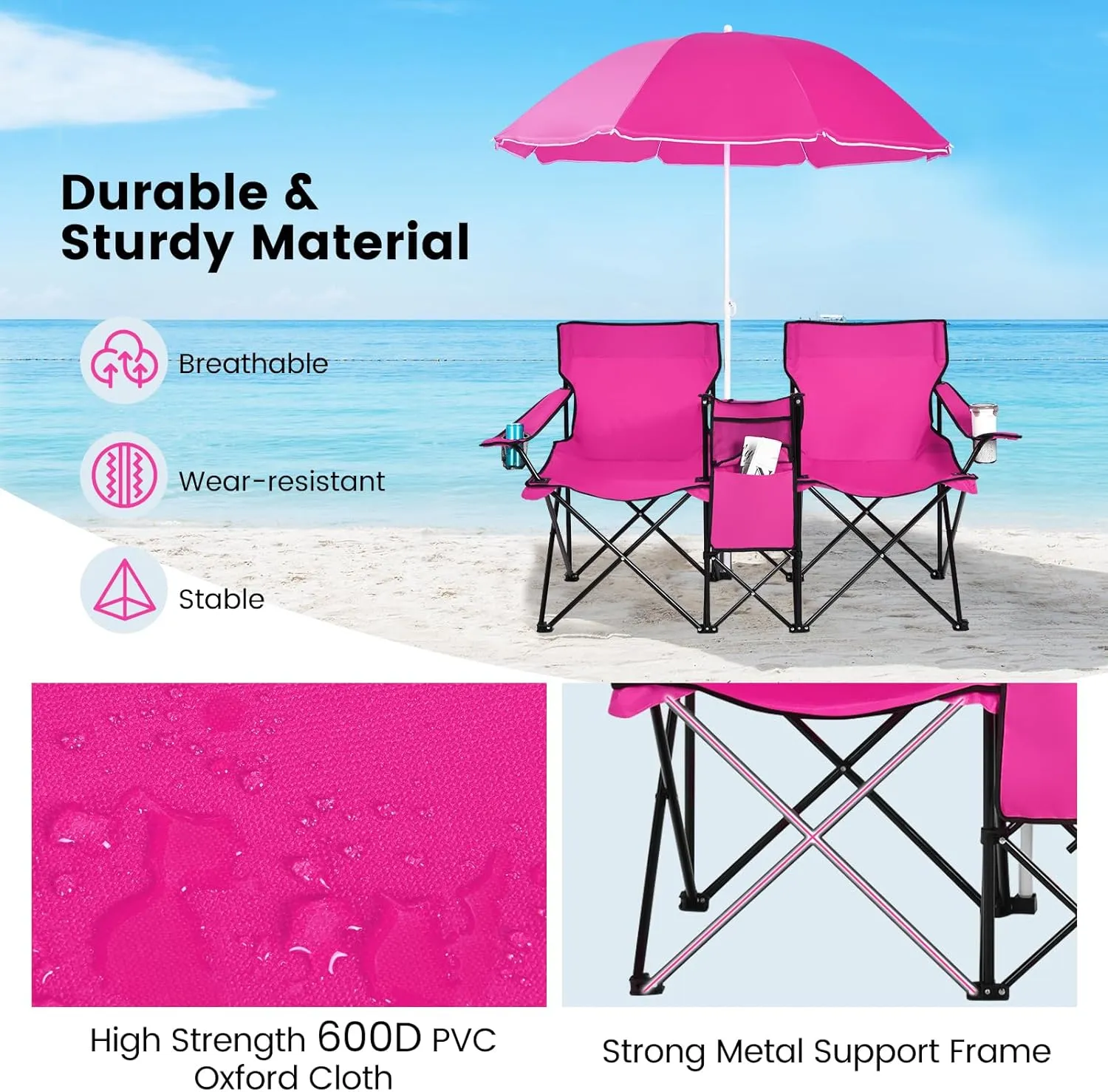 Double Camping Chair with Canopy, Folding Camp Chairs w/Cup Holder, Cooler & Carry Bag, Table, Side Pocket, 2 Person Portable Beach Chair with Umbrella, for Picnic Fishing (Pink)