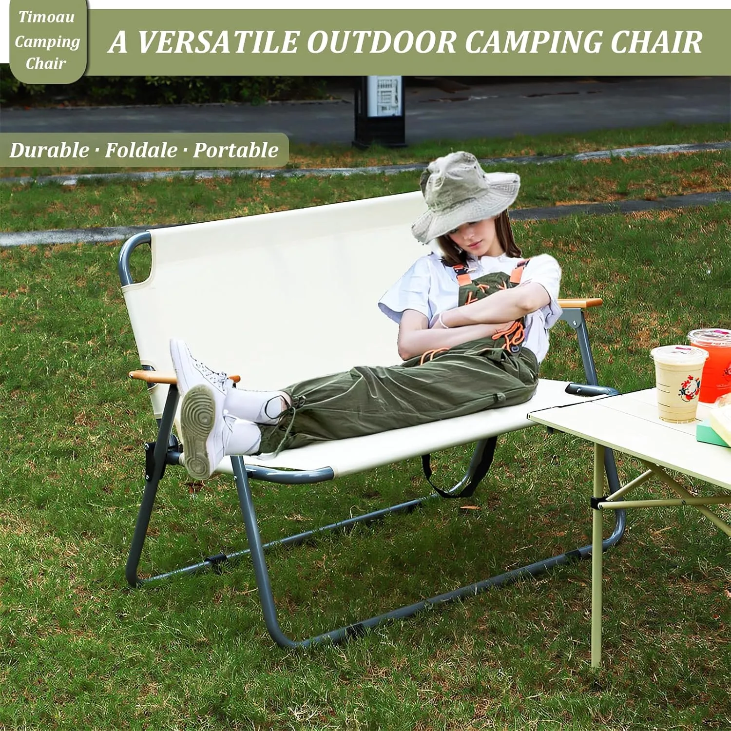 Double Oversized Loveseat Camping Chair with Seat Cushion for 2 Persons, Heavy Duty for Outdoor Travel Hiking Patio Beach, White