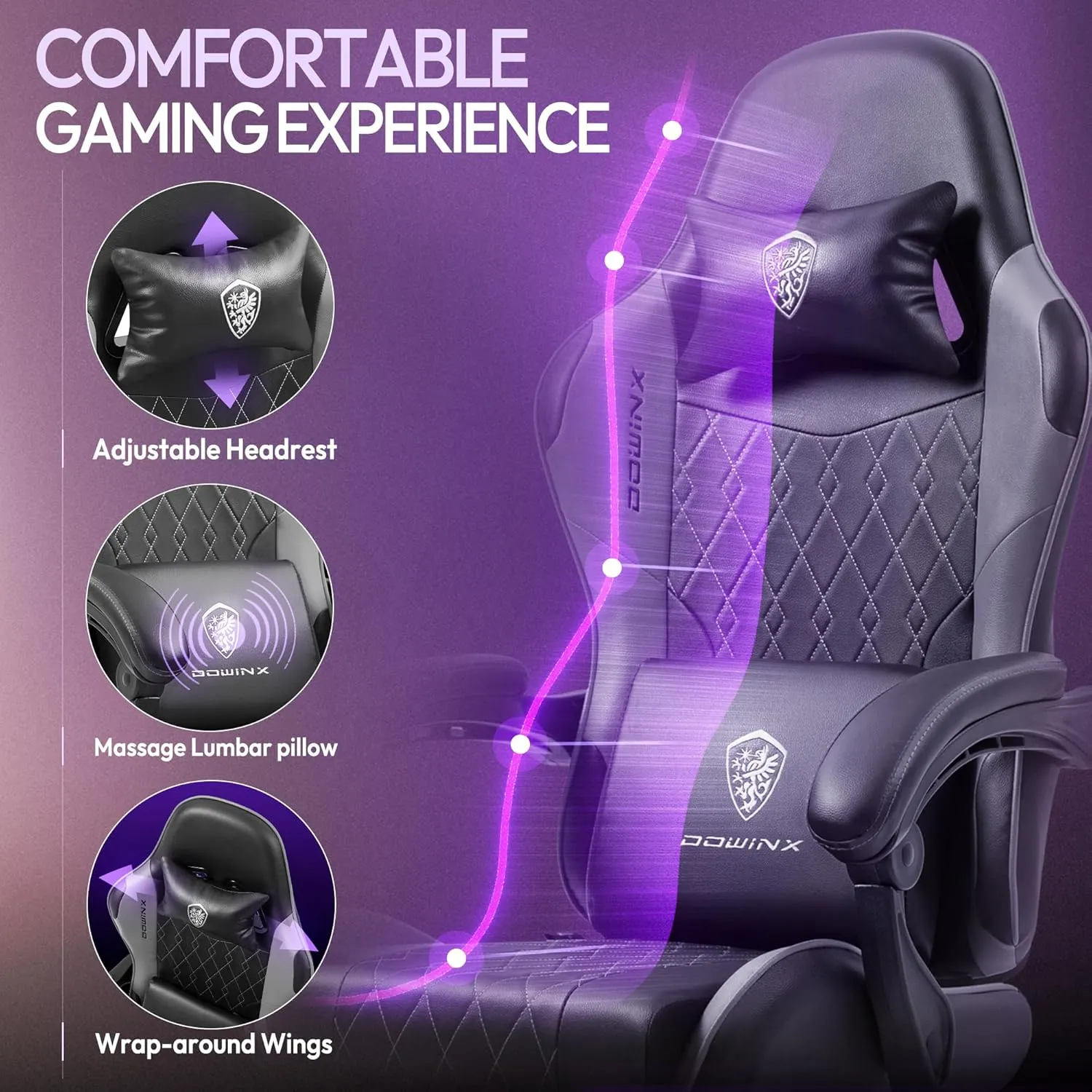 Dowinx Gaming Chair with Pocket Spring Cushion, Massage Game Chair Leather with Headrest, Ergonomic Computer Chair with Footrest 290LBS, Grey 6658Z