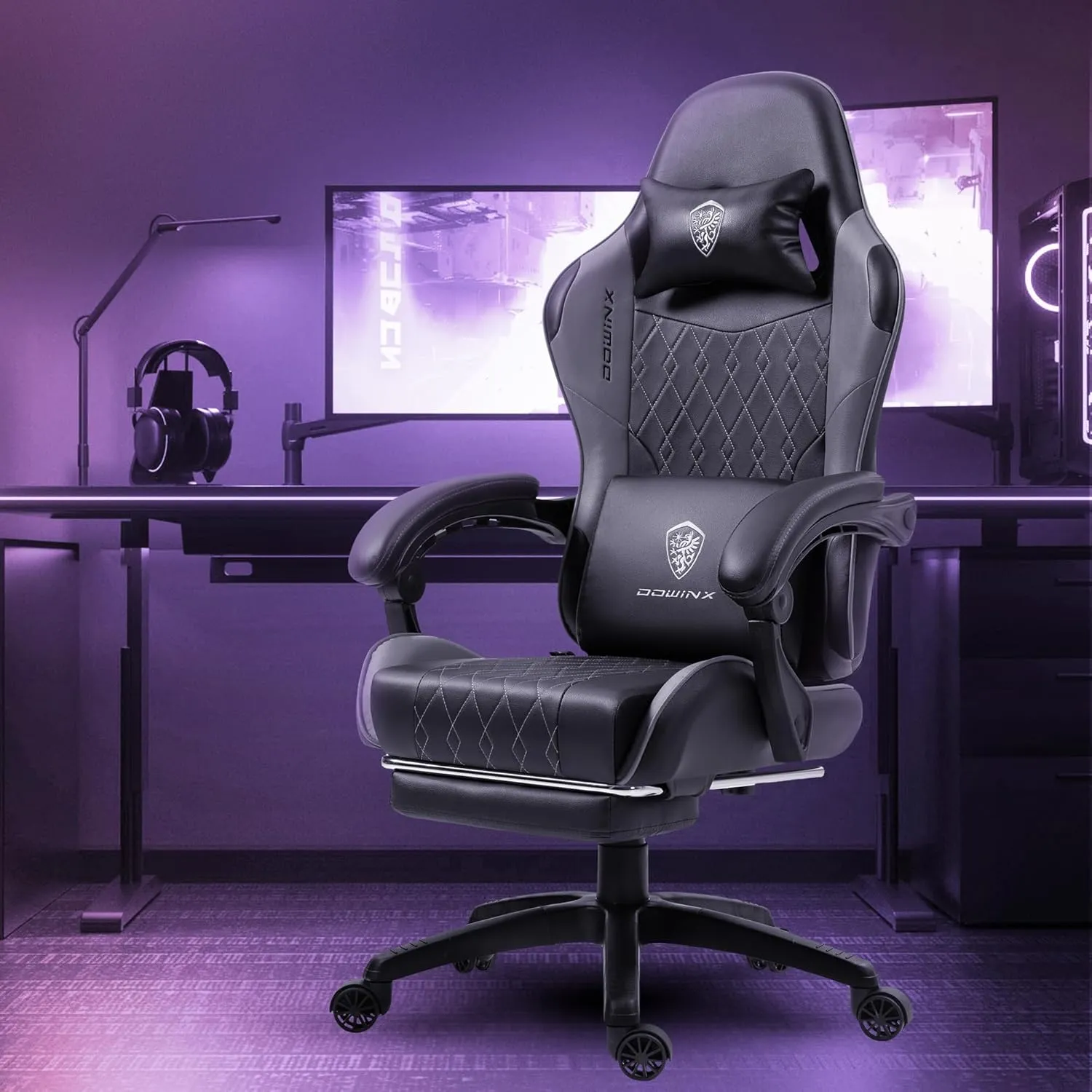 Dowinx Gaming Chair with Pocket Spring Cushion, Massage Game Chair Leather with Headrest, Ergonomic Computer Chair with Footrest 290LBS, Grey 6658Z