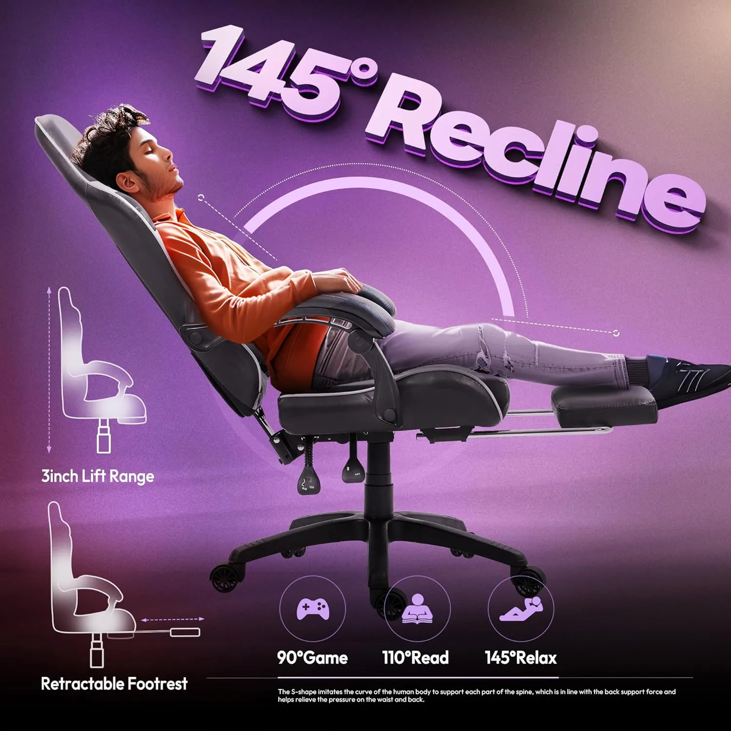 Dowinx Gaming Chair with Pocket Spring Cushion, Massage Game Chair Leather with Headrest, Ergonomic Computer Chair with Footrest 290LBS, Grey 6658Z