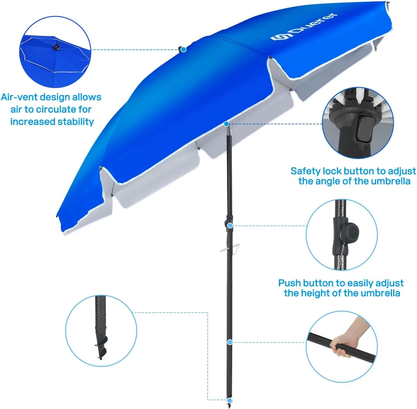Duerer Beach Umbrellas, 8.5FT Beach Umbrella for Sand with Anchor Heavy Duty Windproof, Height Adjustable Tilt Iron Pole, Portable Beach Umbrella with Carrying Bag for Beach, Patio Garden Outdoor