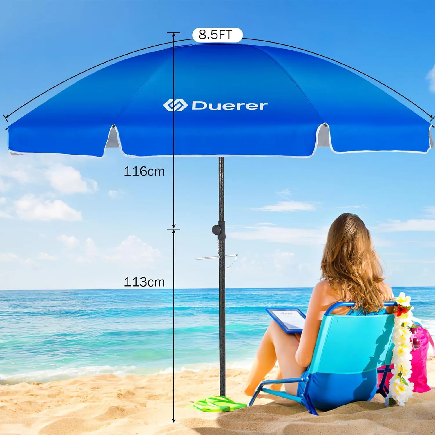 Duerer Beach Umbrellas, 8.5FT Beach Umbrella for Sand with Anchor Heavy Duty Windproof, Height Adjustable Tilt Iron Pole, Portable Beach Umbrella with Carrying Bag for Beach, Patio Garden Outdoor
