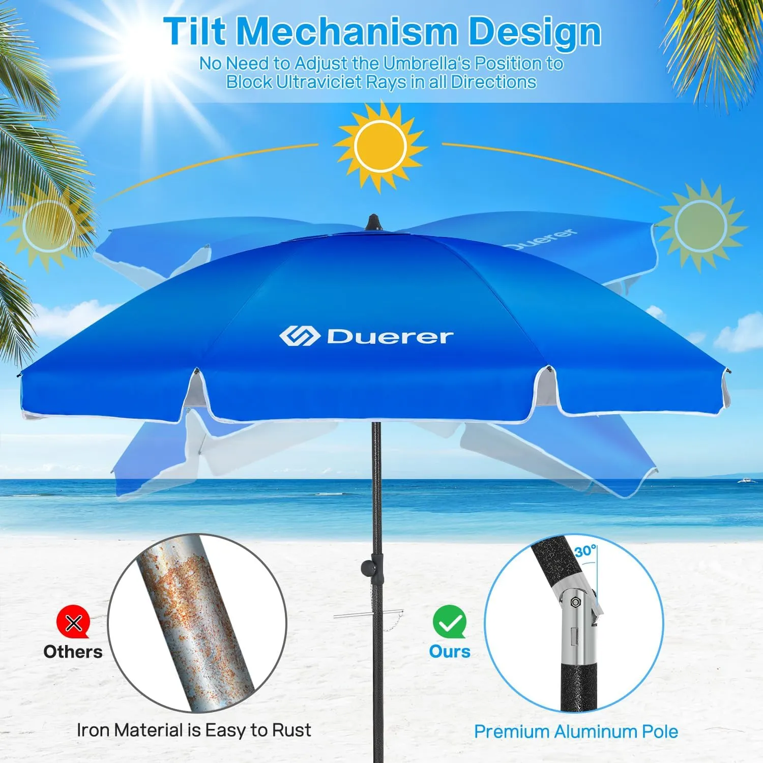 Duerer Beach Umbrellas, 8.5FT Beach Umbrella for Sand with Anchor Heavy Duty Windproof, Height Adjustable Tilt Iron Pole, Portable Beach Umbrella with Carrying Bag for Beach, Patio Garden Outdoor