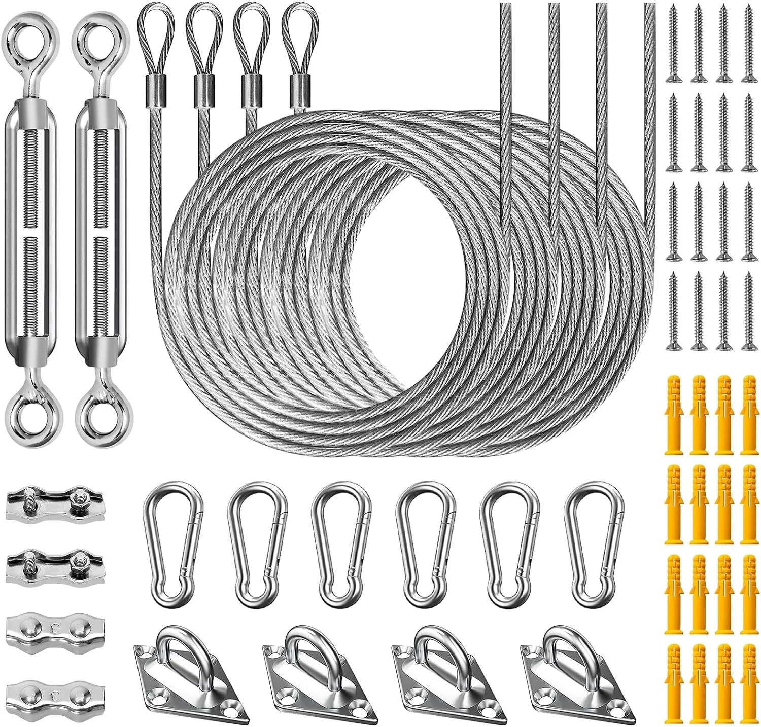 Duerer Sun Shade Sail Hardware Kit 52pcs for Rectangle Triangle Sun Shade Sails Canopy Installation 304 Stainless Steel Accessories Set for Outdoor Garden Patio(6" M6 Turnbuckles  4*6.6ft Cables Wire)