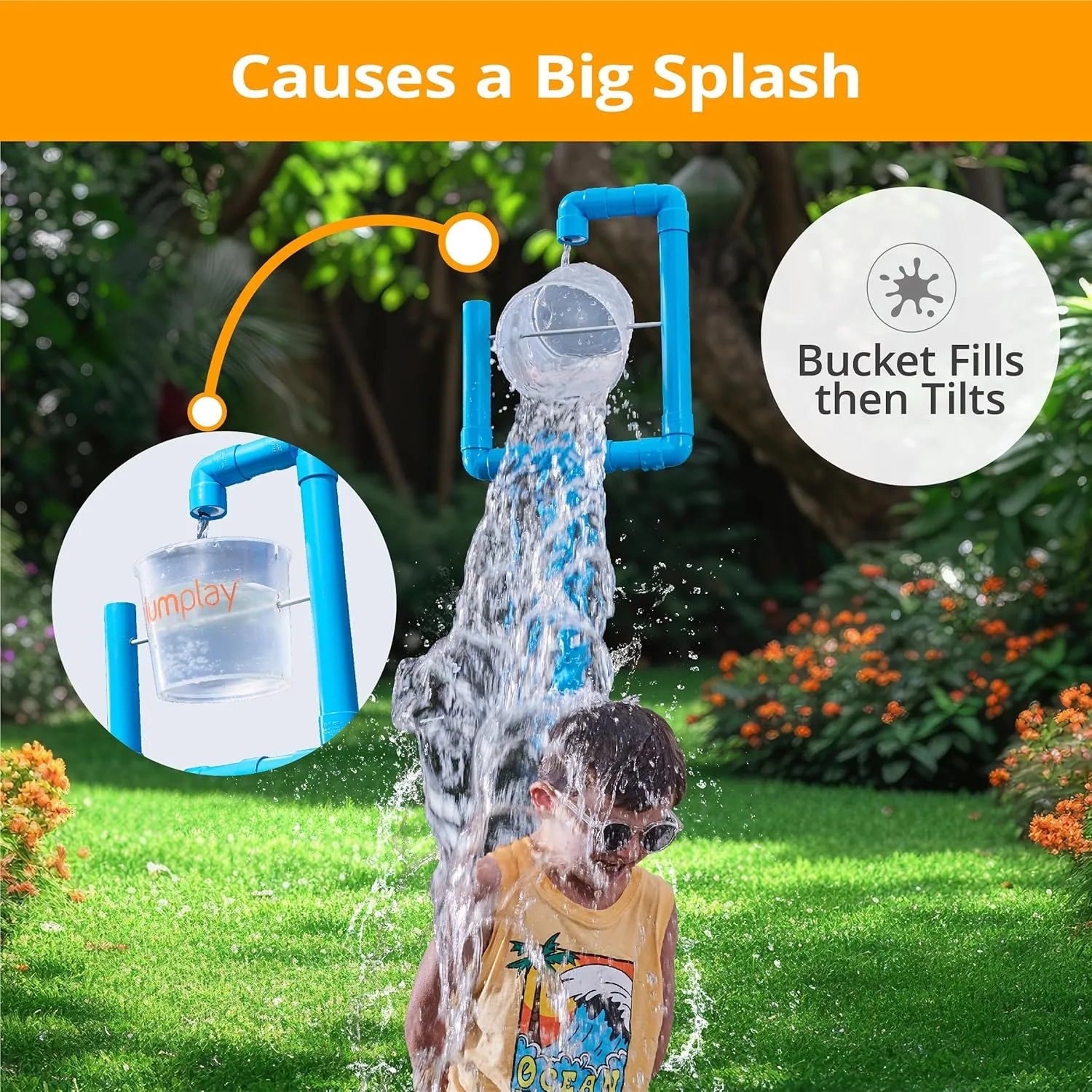 Dump Bucket Sprinkler Play, Outdoor Water Play - Toddler Outdoor Toys, Durable Backyard Waterpark with Splash, Summer Toys for Kids, Fun Games for Family, 3 Years and Up (Tidal Tipper)