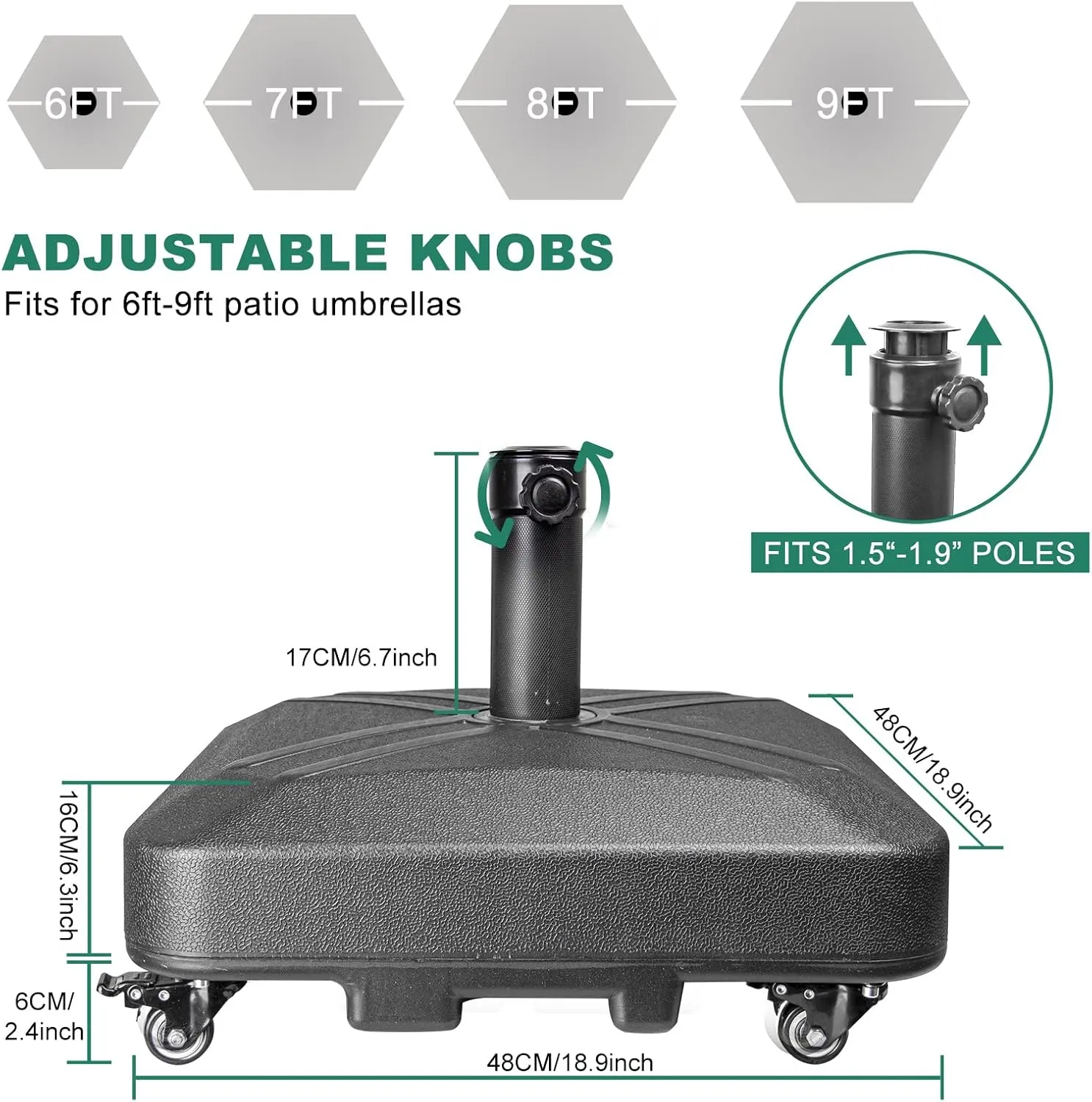 DZ4733 MS Patio Umbrella Base Heavy Duty with Wheels Square Market Stand for Outdoor 4 Locks 1 Knobs 125lb Capacity, Black