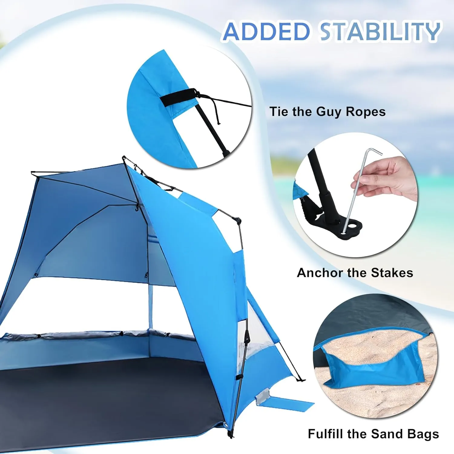 EAGLE PEAK Instant Beach Tent, Beach Canopy Sun Shade with Windows, 3-4 Person Pop up Tent with UPF50  UV Protection, Easy Setup Cabana Shade, Light Blue