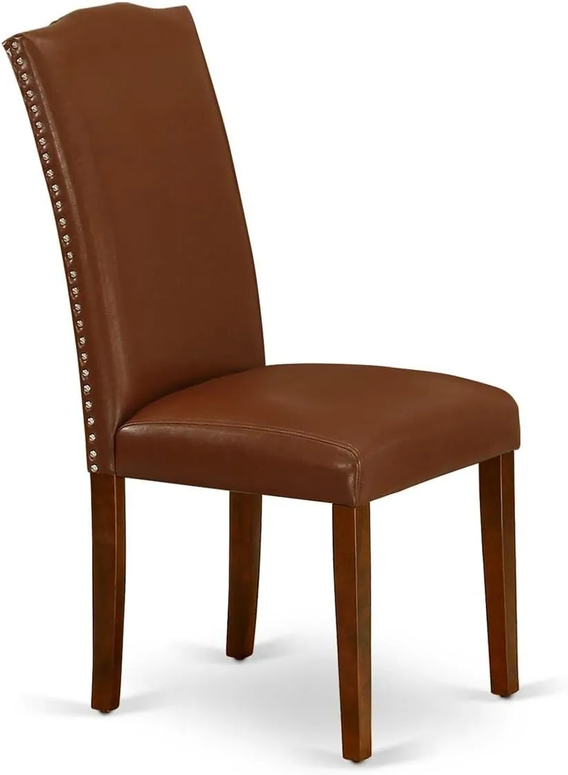East West Furniture ENP3T66 Encinal Parsons Dining Chairs - Nailhead Trim Brown Faux Faux Leather Upholstered Chairs, Set of 2, Mahogany