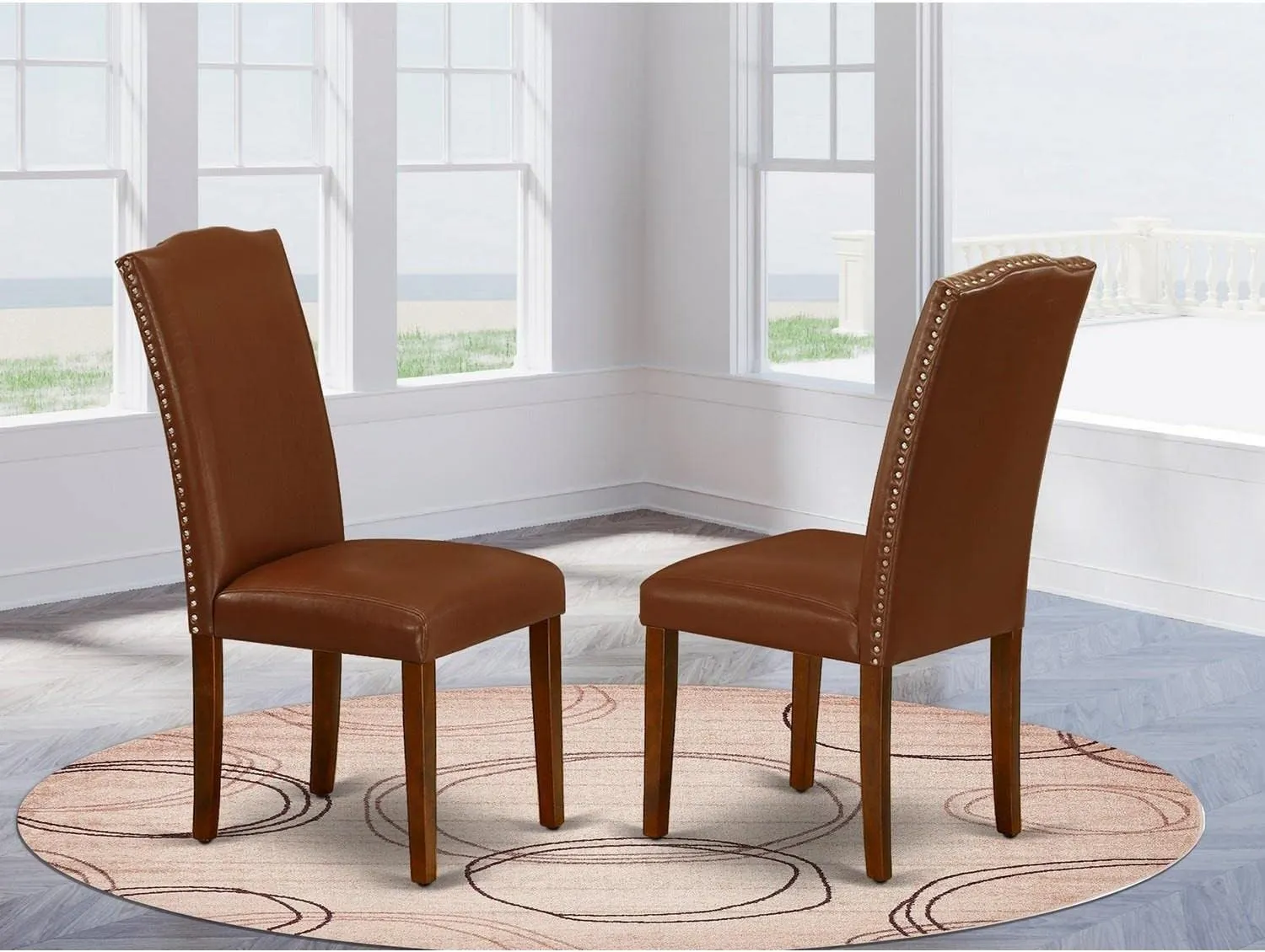 East West Furniture ENP3T66 Encinal Parsons Dining Chairs - Nailhead Trim Brown Faux Faux Leather Upholstered Chairs, Set of 2, Mahogany