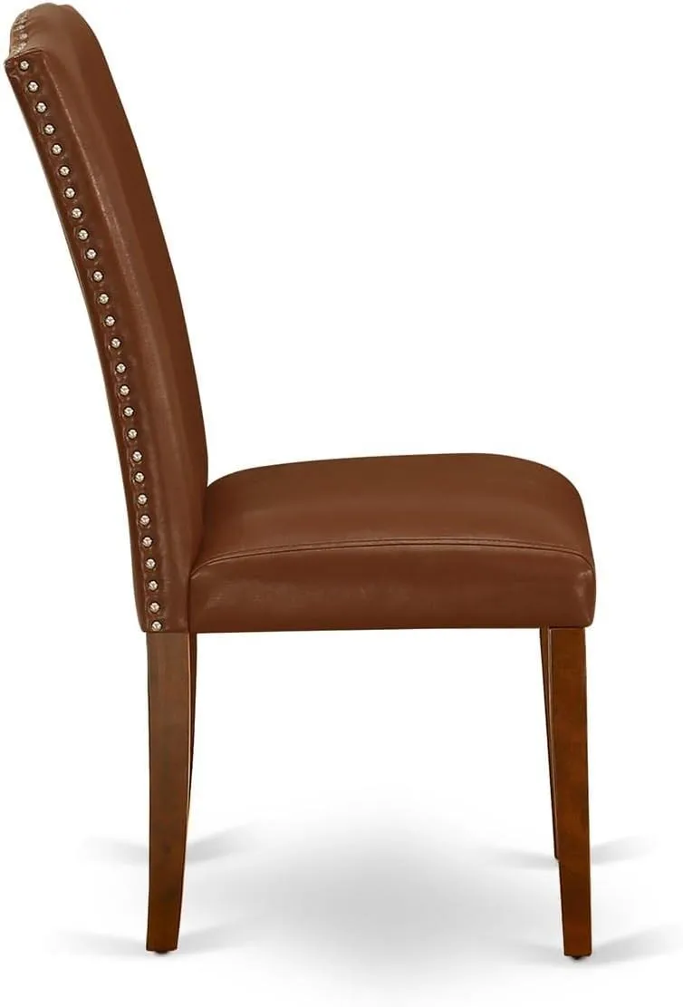 East West Furniture ENP3T66 Encinal Parsons Dining Chairs - Nailhead Trim Brown Faux Faux Leather Upholstered Chairs, Set of 2, Mahogany