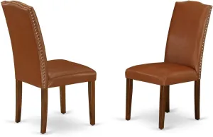 East West Furniture ENP3T66 Encinal Parsons Dining Chairs - Nailhead Trim Brown Faux Faux Leather Upholstered Chairs, Set of 2, Mahogany
