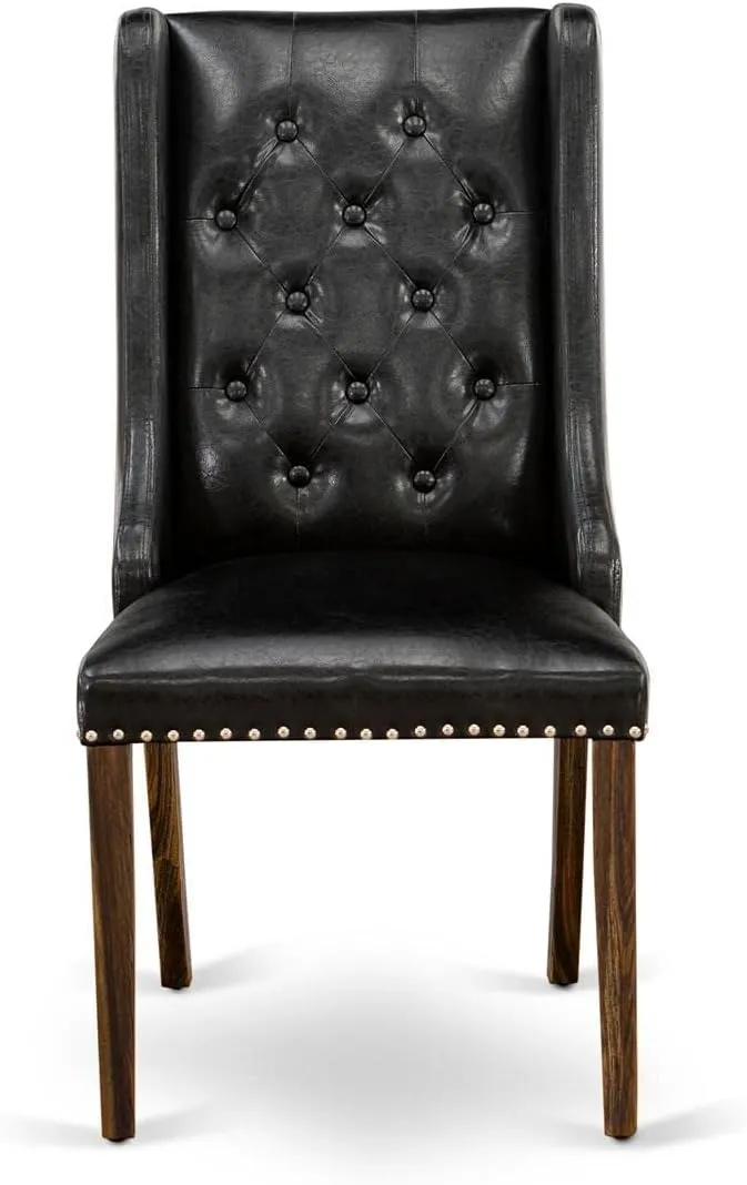 East West Furniture FOP7T49 Forney Parsons Dining Chairs - Button Tufted Nailhead Trim Black Faux Leather Padded Chairs, Set of 2, Jacobean