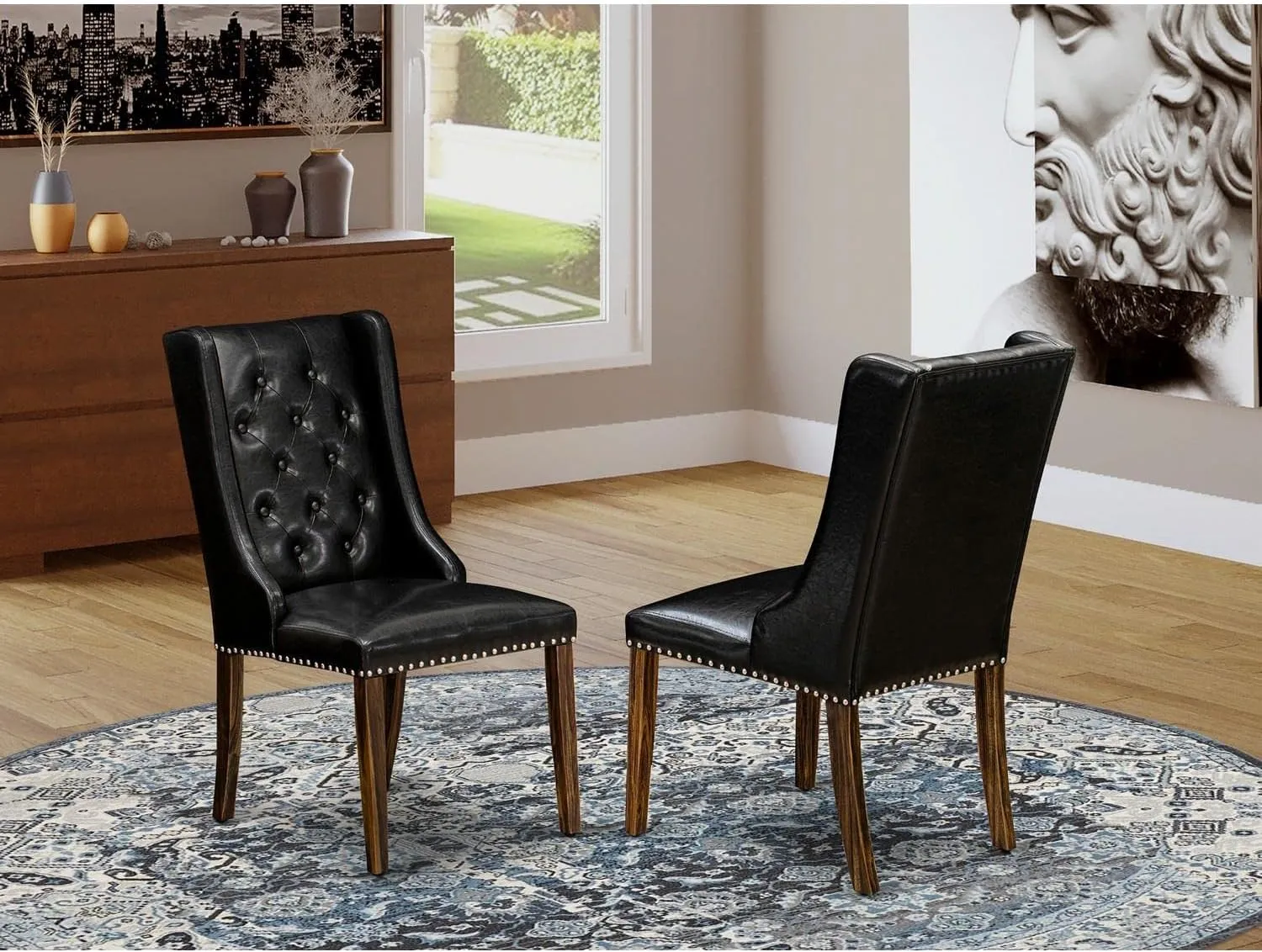 East West Furniture FOP7T49 Forney Parsons Dining Chairs - Button Tufted Nailhead Trim Black Faux Leather Padded Chairs, Set of 2, Jacobean