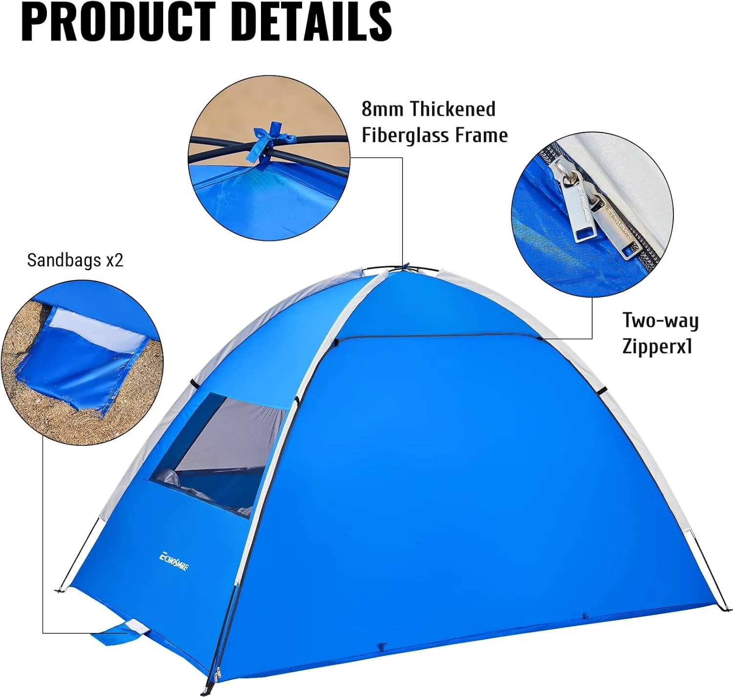 EchoSmile UPF 50  Beach Tent Sun Shelter for 3/4 Person, Portable Beach Cabana Tent