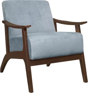 Enhance Living Space with Modern Accent Chair, Velvet Upholstery, Dark Walnut Finish, Blue Gray Fabric
